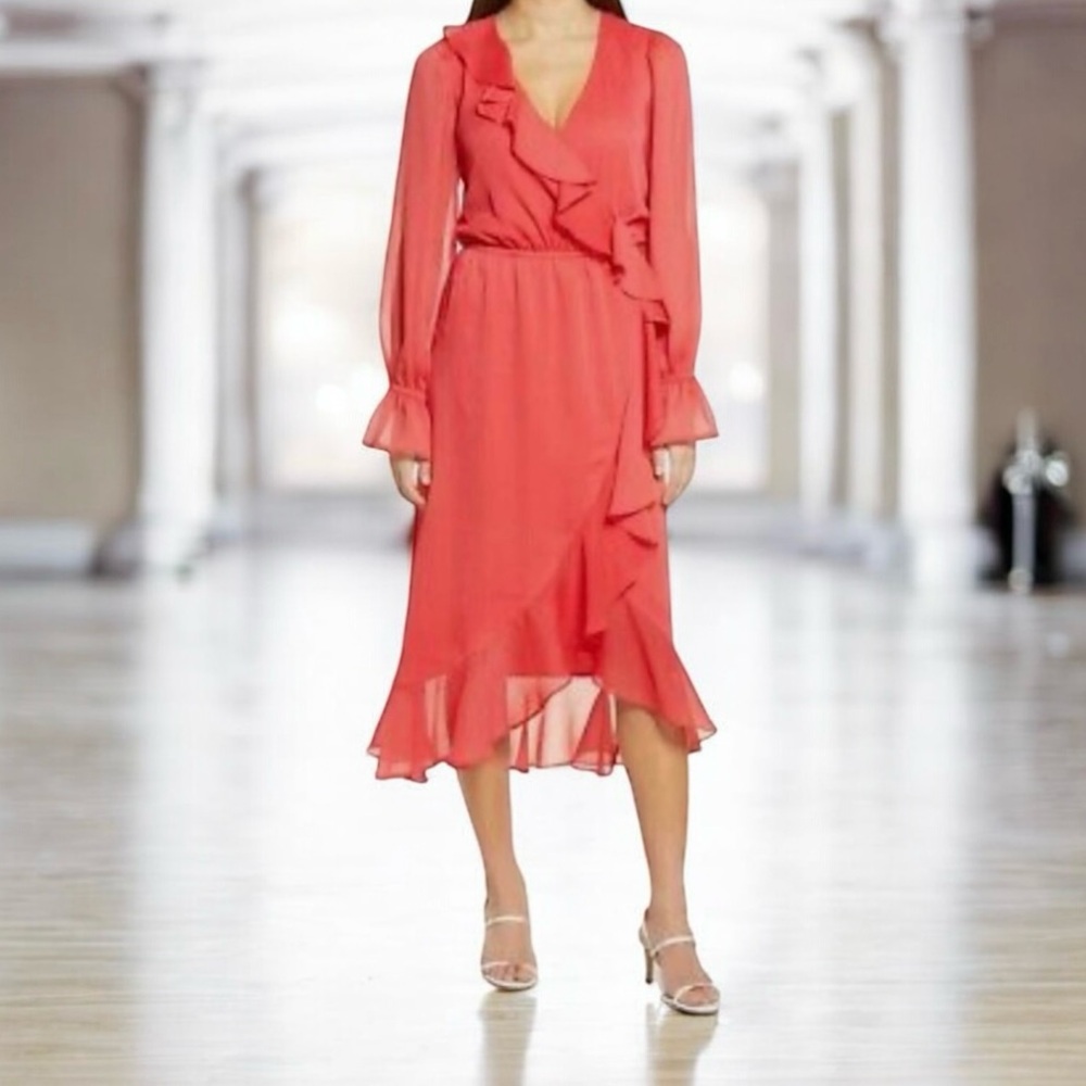 NWT Chelsea28 Oversized Ruffle Chiffon Wrap Midi Dress